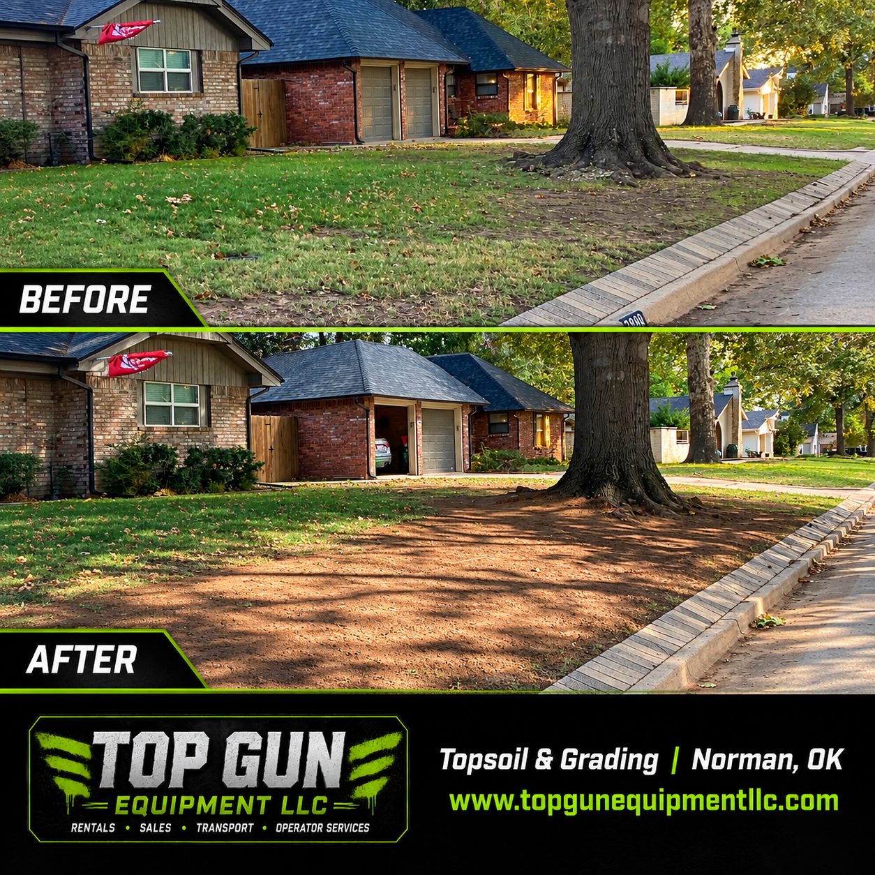 Before and after topsoil placement and yard grading in Norman by Top Gun Equipment LLC